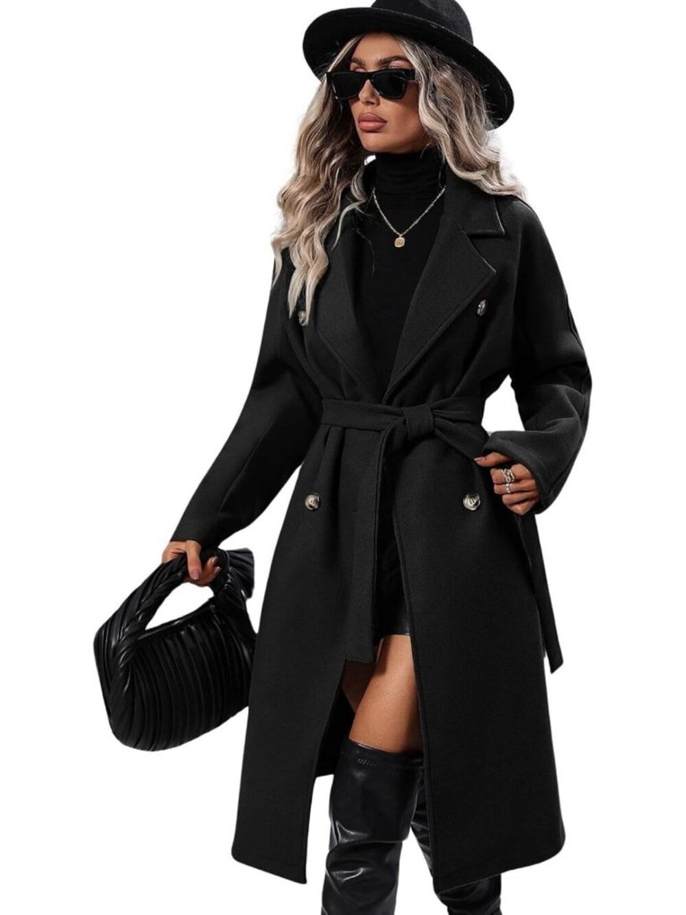 Chic Women's Long Wool Pea Coat, Double Breasted, Notched Lapel, Warm Winter